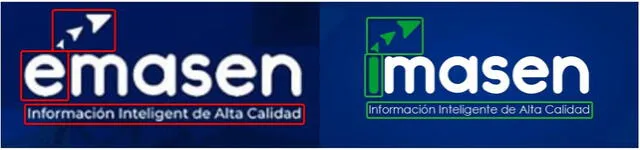 Comparación entre los logotipos de la supuesta encuestadora Emasen (Izq), que se encuentra a la derecha, y de Imasen oficial, que se halla a la izquierda. Foto: composición / capturas en Facebook y página web de Imasen.