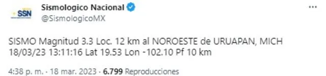  Último sismo en México del 18 de marzo de 2023. Foto: SSN   