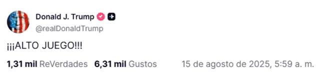  El mensaje de Donald Trump previo a la cumbre con Putin en Alaska. Foto: @realDonaldTrump/Truth Social<br>    