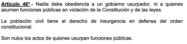 Artículo 46 de la Carta Magna sobre la obediencia a un gobierno usurpador. Foto: captura LR/Gobierno del Perú.