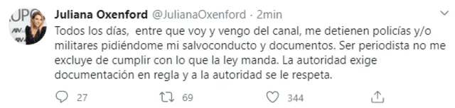 Juliana Oxenford en Twitter.