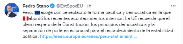 Unión Europea felicita la “forma pacífica y democrática” en la que Perú manejó la crisis