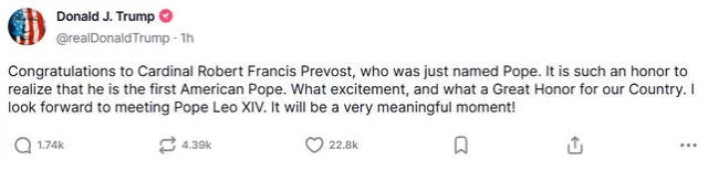 Donald Trump congratulates Pope Leo XIV. Photo: Donald Trump's Truth Social Donald Trump congratulates Pope Leo XIV. Photo: Donald Trump's Truth Social