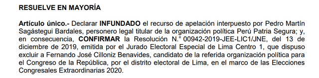 Jurado Nacional de Elecciones, decisión por mayoría.