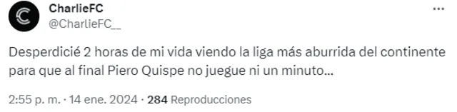 Reacción tras el frustrado debut de Piero Quispe. Foto: captura de X/CharlieFC.   