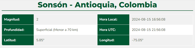 Último temblor de hoy en Colombia. Foto: SGC   