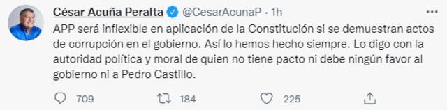 Twitter de Cesar Acuña, líder de Alianza para el Progreso.