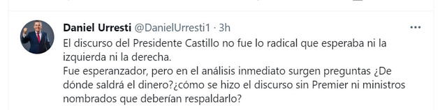 Urresti opina sobre discurso de Castillo