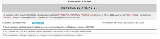 Historial de afiliación de Katia Humala. Foto: captura   