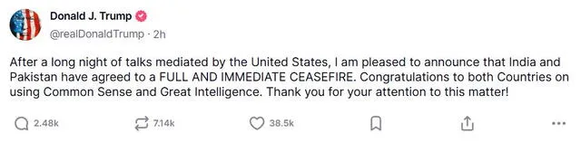 Donald Trump announces a ceasefire between India and Pakistan. Photo: Donald Trump/Truth Social Donald Trump announces a ceasefire between India and Pakistan. Photo: Donald Trump/Truth Social