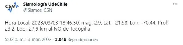  Último temblor ocurrido en Chile al 3 de marzo de 2023. Foto: CSN     