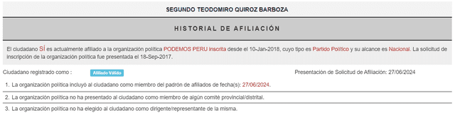  Según el ROP, el congresista está afiliado a Podemos Perú desde el 27 junio de 2024. | Foto: Registro de Organizaciones Políticas.   