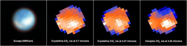  Los píxeles blancos en estas imágenes, tomadas por el instrumento NIRCam, corresponden a áreas de dióxido de carbono. Foto: NASA   