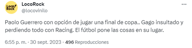 Tuit sobre la derrota de Racing. Foto: captura Twitter   