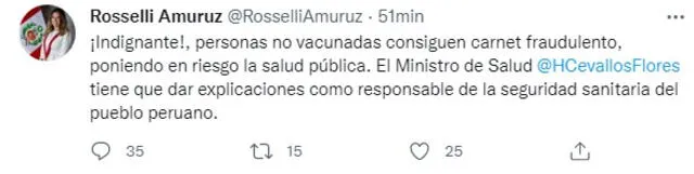 Congresista de Avanza País cuestiona al ministro de Salud a través de su cuenta de Twitter.