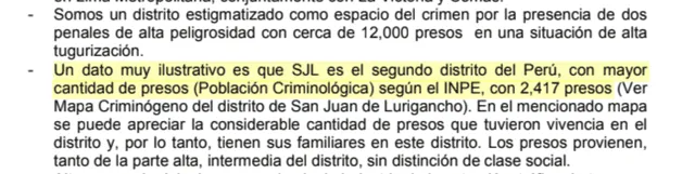 Dato impreciso sobre la población criminológica procedente de San Juan de Lurigancho. Foto: captura del plan de gobierno de Avanza País para SJL.