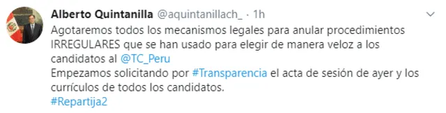 Alberto Quintanilla se pronunció a través de su cuenta de Twitter.