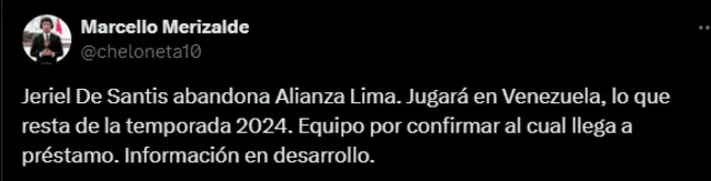  Información sobre el futuro de Jeriel De Santis en Alianza Lima. Foto: Twitter/Marcello Merizalde   