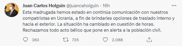 El canciller ecuatoriano Juan Carlos Holguin expresó que rechaza todo acto bélico que pone en alerta a la población civil. Foto: captura de Twitter / @juancaholguin