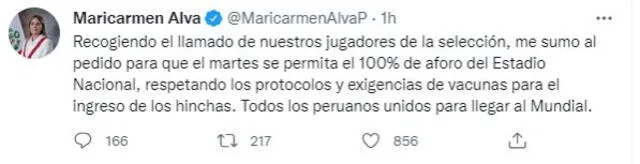 María del Carmen Alva pidió que se habilite el 100% del aforo para el Estadio Nacional. Foto: Difusión