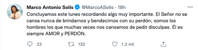 Tuit realizado por Marco Antonio Solís el 15 de noviembre de 2021. Fuente: Captura LR, Twitter.