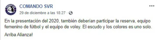 Alianza Lima: Comando Sur pide que el equipo de reserva, equipo femenino y vóley sean presentados en la Noche Blanquiazul.