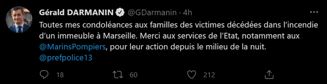 Darmanin otorga condolencias a las familias afectadas tras el incendio ocurrido en un edificio en semiabandono en Marsella. Foto: twitter