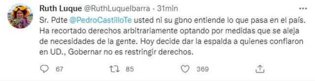 Ruth Luque se pronunció en contra de medida adoptada por el Gobierno. Foto: Captura Twitter