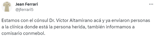 Tuit de Jean Ferrari sobre situación de hinchas heridos. Foto: Twitter/Jean Ferrari   