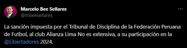 Tuit de Marcelo Bee Sellares sobre sanción a Alianza Lima. Foto: captura de X   