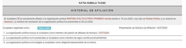  Katia Humala formaría parte del partido Perú Primero desde 2023. Foto: Captura  