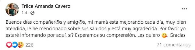 Trilce Cavero informa sobre el estado de salud de su madre Haydeé Cáceres. Foto: Trilce Amanda Cavero/Facebook    