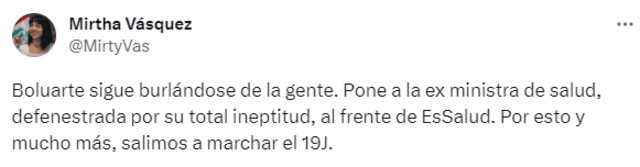  Pronunciamiento de Mirtha Vásquez. Foto: captura de Twitter.    