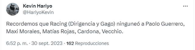 Tuit sobre la derrota de Racing. Foto: captura Twitter   