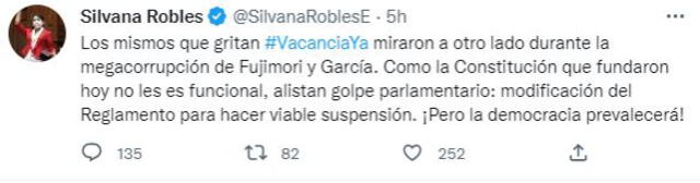 Silvana Robles se pronunció sobre el nuevo intento de moción de vacancia. Foto: Captura Twitter