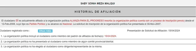 Saby Meza Culqui, jefa del gabinete de asesores de la presidencia, figura como militante activa de APP. | Foto: ROP. Saby Meza Culqui, jefa del gabinete de asesores de la presidencia, figura como militante activa de APP. | Foto: ROP.