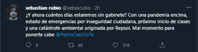 Sebastián Rubio lamentó que Pedro Castillo decida renovar el gabinete ministerial en medio de una inestabilidad política en auge. Foto: Twitter