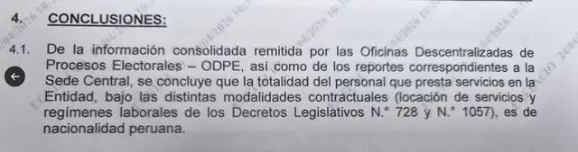 ONPE no tiene ningún trabajador extranjero.
