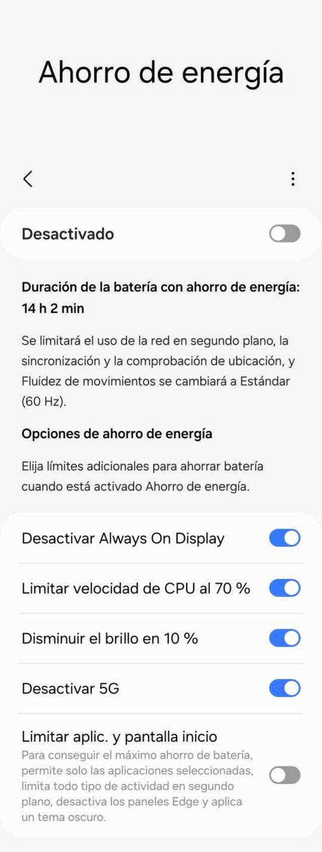 Funcionalidad y efectos de la opción ‘Ahorro de energía’ al mantenerla presionada en tu teléfono móvil.