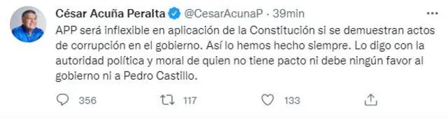 César Acuña se pronunció a raíz de la investigación que evidenció reuniones que Castillo aún mantiene en vivienda de Breña. Foto: Twitter