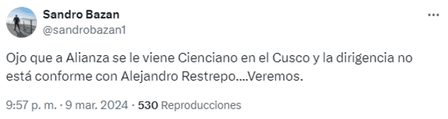 Alejandro Restrepo sumó su tercera derrota en el Torneo Apertura de la Liga 1. Foto: captura de Twitter.   