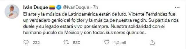 Ivan Duque lamenta el fallecimiento de Vicente Fernández. Foto: captura de Twitter