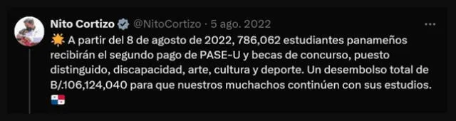 Anuncio del pago del PASE-U en Panamá. Foto: X/NitoCortizo   