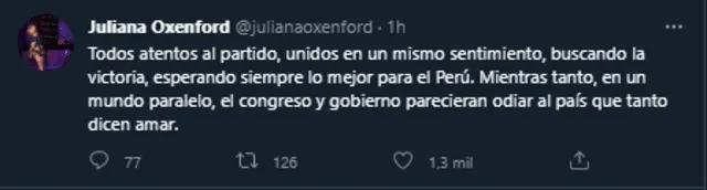 Juliana Oxenford aprovechó el partido ante Ecuador para lanzar una reflexión sobre la actual coyuntura política. Foto: Twitter