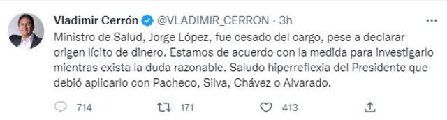 Tweet de Vladimir Cerrón tras la salida del ministro de Salud, Jorge López. Foto: Captura Twitter
