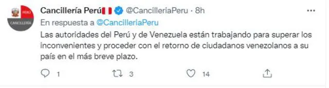 Continuación del tuit de la Cancillería de Perú sobre el vuelo de deportación. Foto. captura Twitter