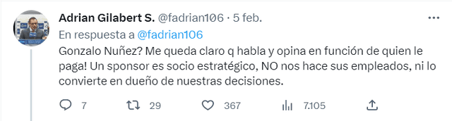 Adrián Gilabert respondió a las declaraciones de Gonzalo Núñez. Foto: Twitter   