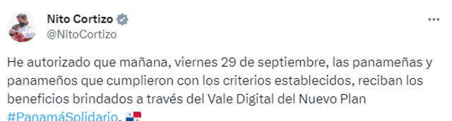 Vale Digital se pagará el 29 de septiembre. Foto: 'Nito' Cortizo/ X   