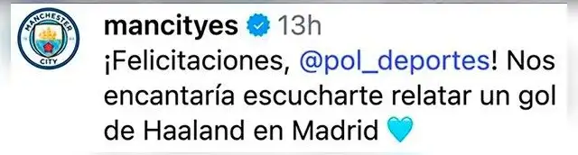 Mensaje del Manchester City a Pol Deportes previo al partido de Champions League. Foto: Twitter/Manchester City   