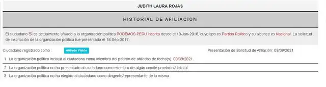  Afiliación de Judith Laura Rojas en Podemos Perú data desde el 2021   